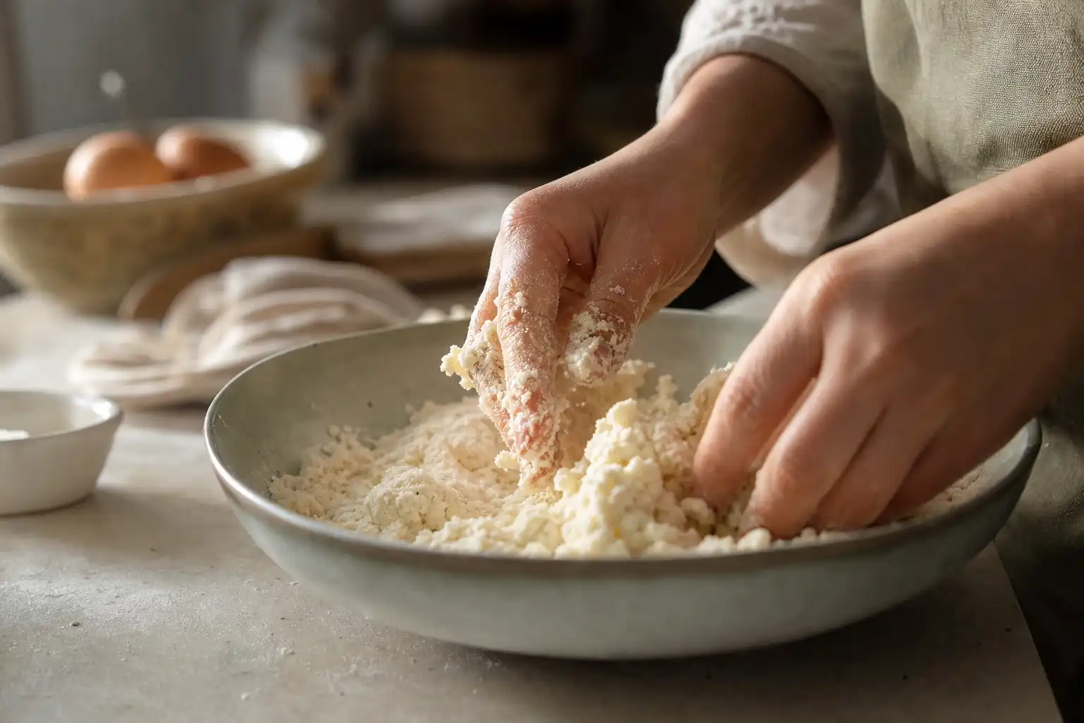 Des mains préparent quelque chose, autour d'ue simplifie contrôles, dans une cuisine.