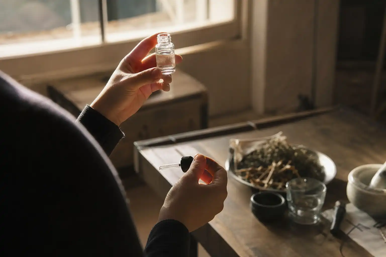 Quelqu'un examine un objet, autour de fly bromo tétrahydrobenzo, près d'une fenêtre.
