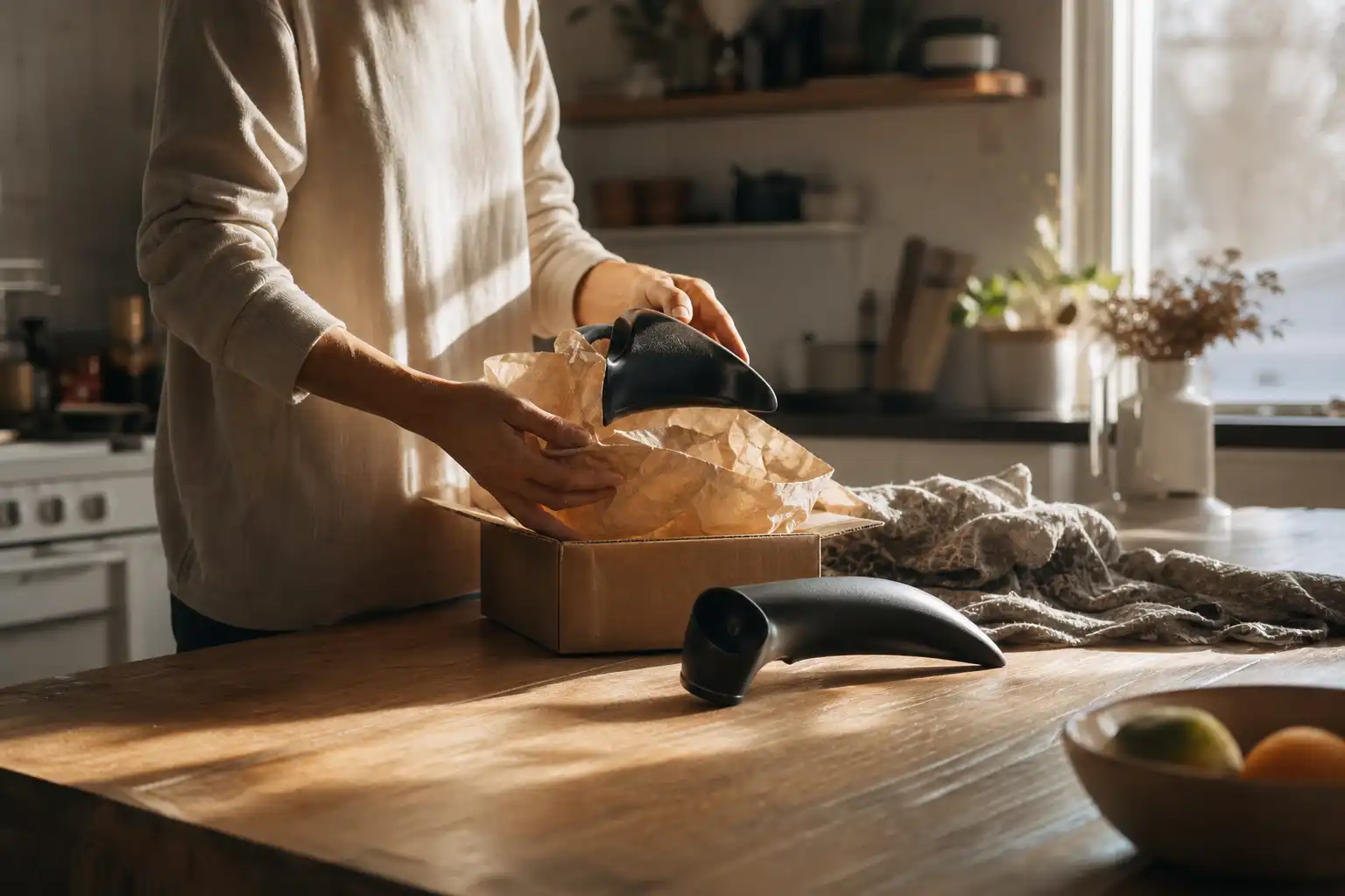 Quelqu'un dispose un objet, autour d'eagle bill choses, dans une cuisine.