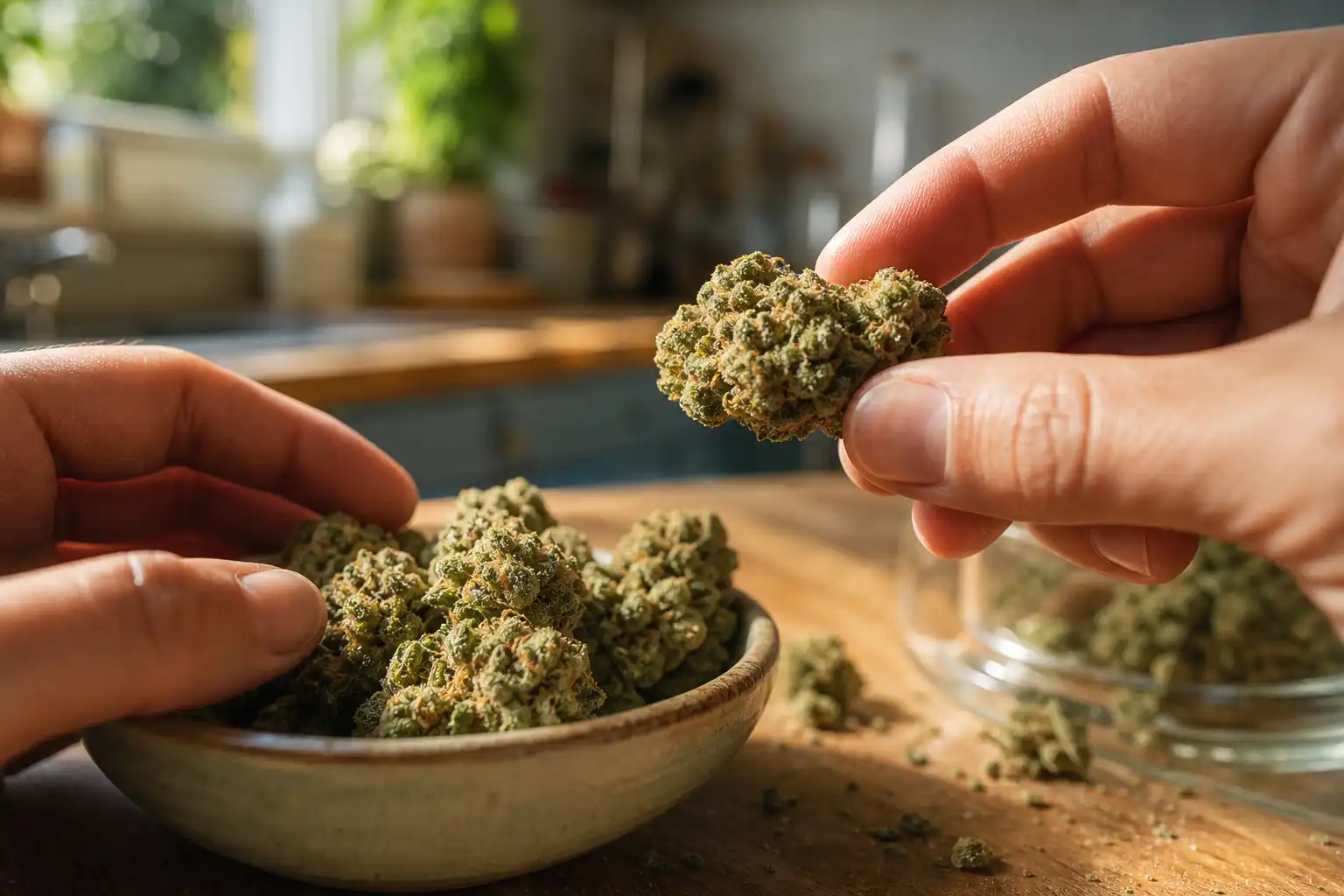 Des mains manipulent un objet, autour de curaleaf annonce opa, dans une cuisine.