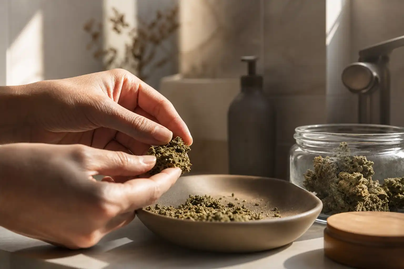 Des mains dosent quelque chose, autour d'amende cannabis portée, dans une salle de bain.