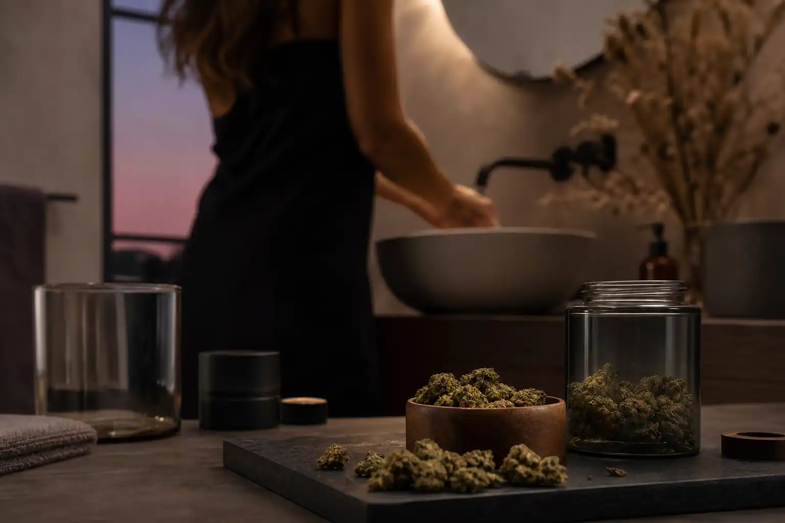 Quelqu'un prépare quelque chose, autour de grammes cbd changer, dans une salle de bain.