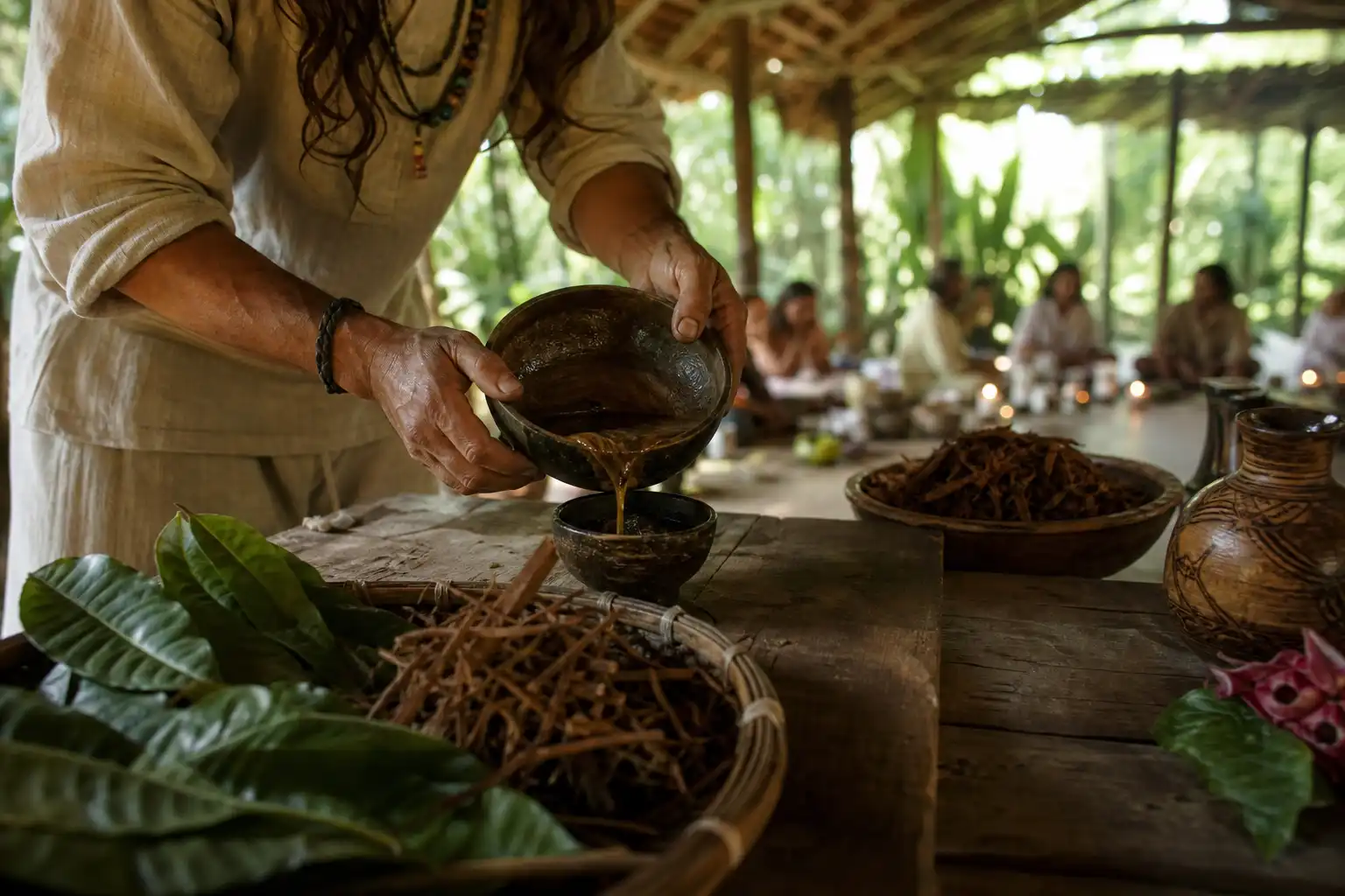 Quelqu'un dispose un objet, autour de première cérémonie ayahuasca, près d'une table en bois.