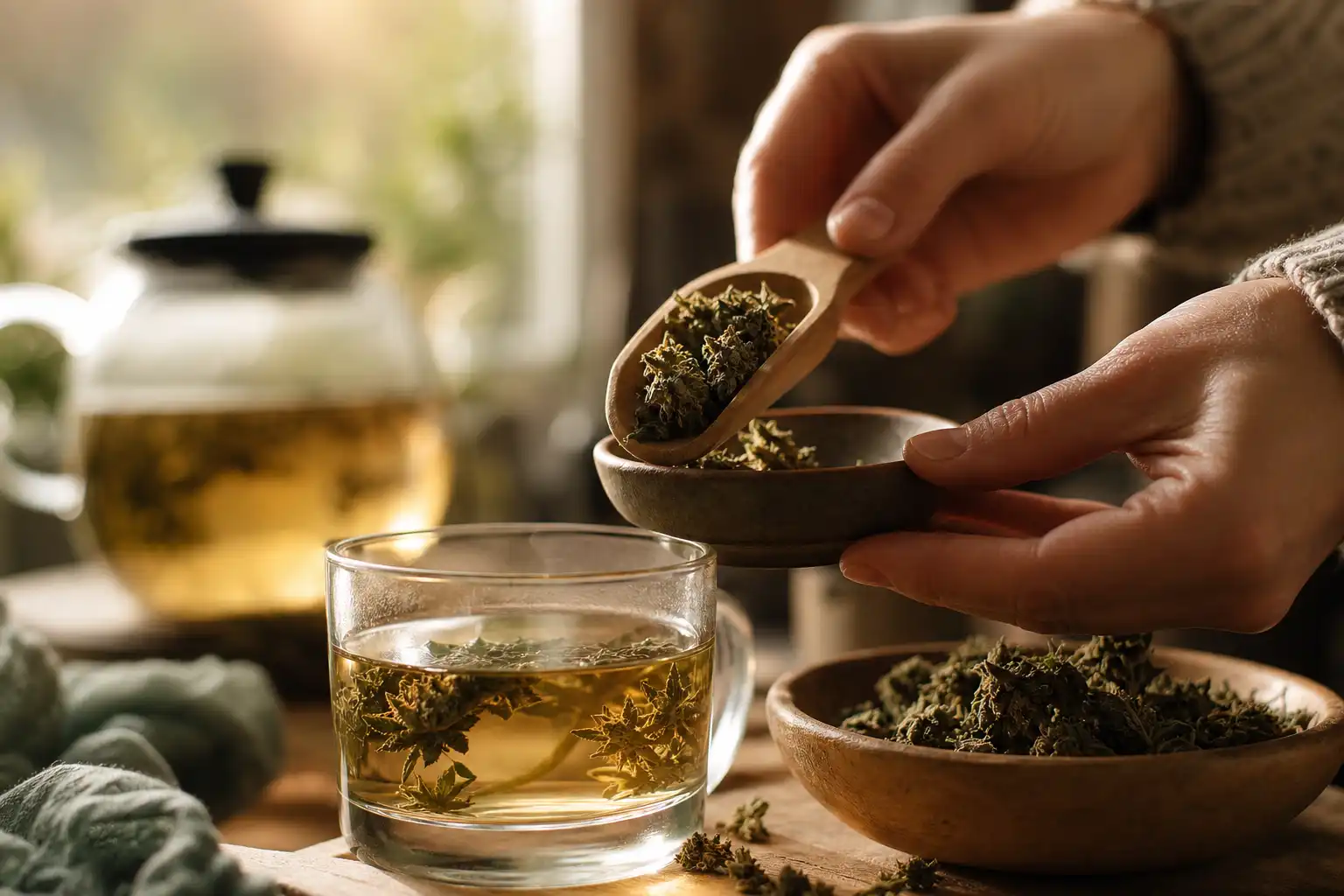 Des mains dosent quelque chose, autour d'une infusion de chanvre et ses fleurs séchées, près d'une fenêtre.