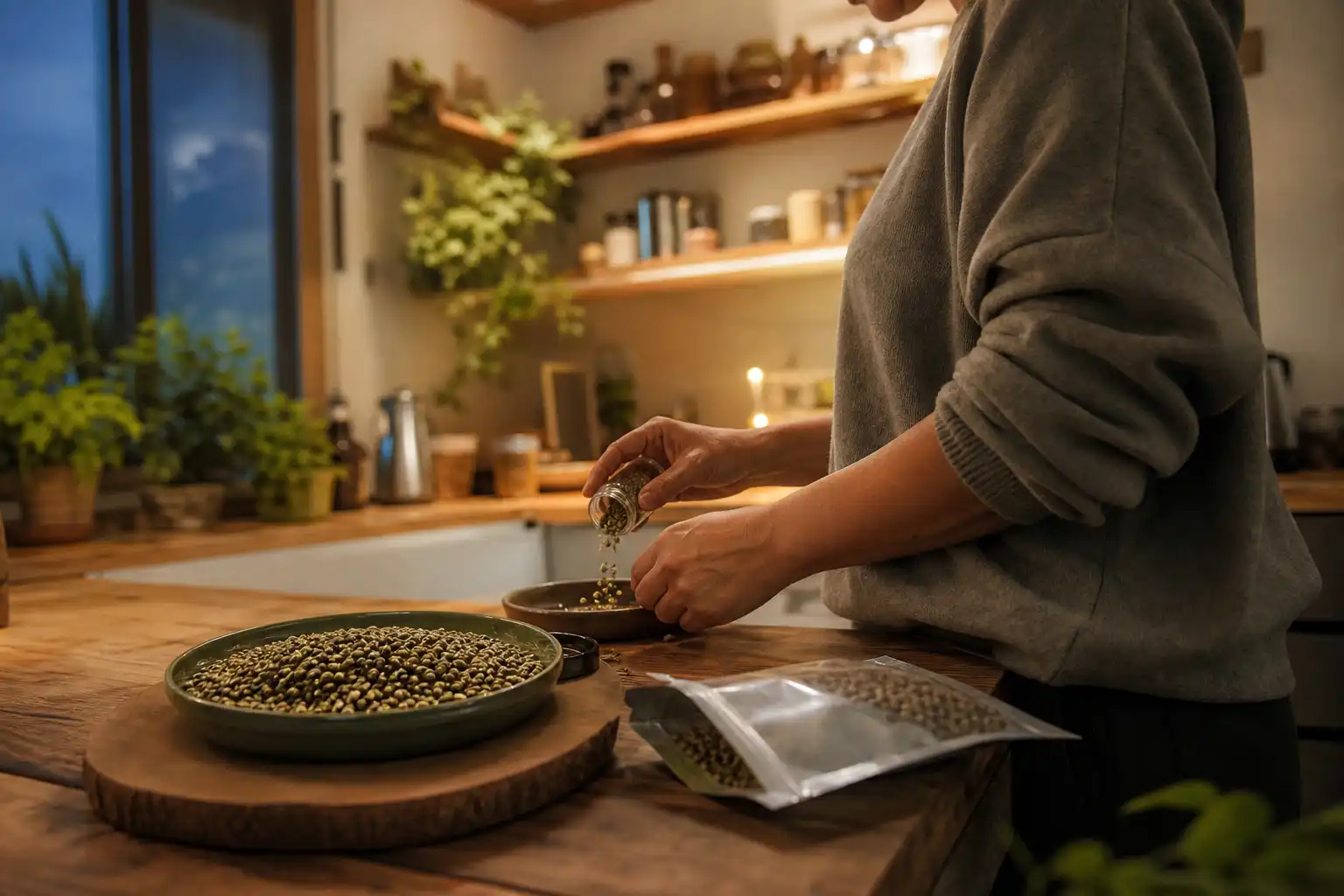 Quelqu'un dose quelque chose, autour de graines cannabis féminisées, dans une cuisine.