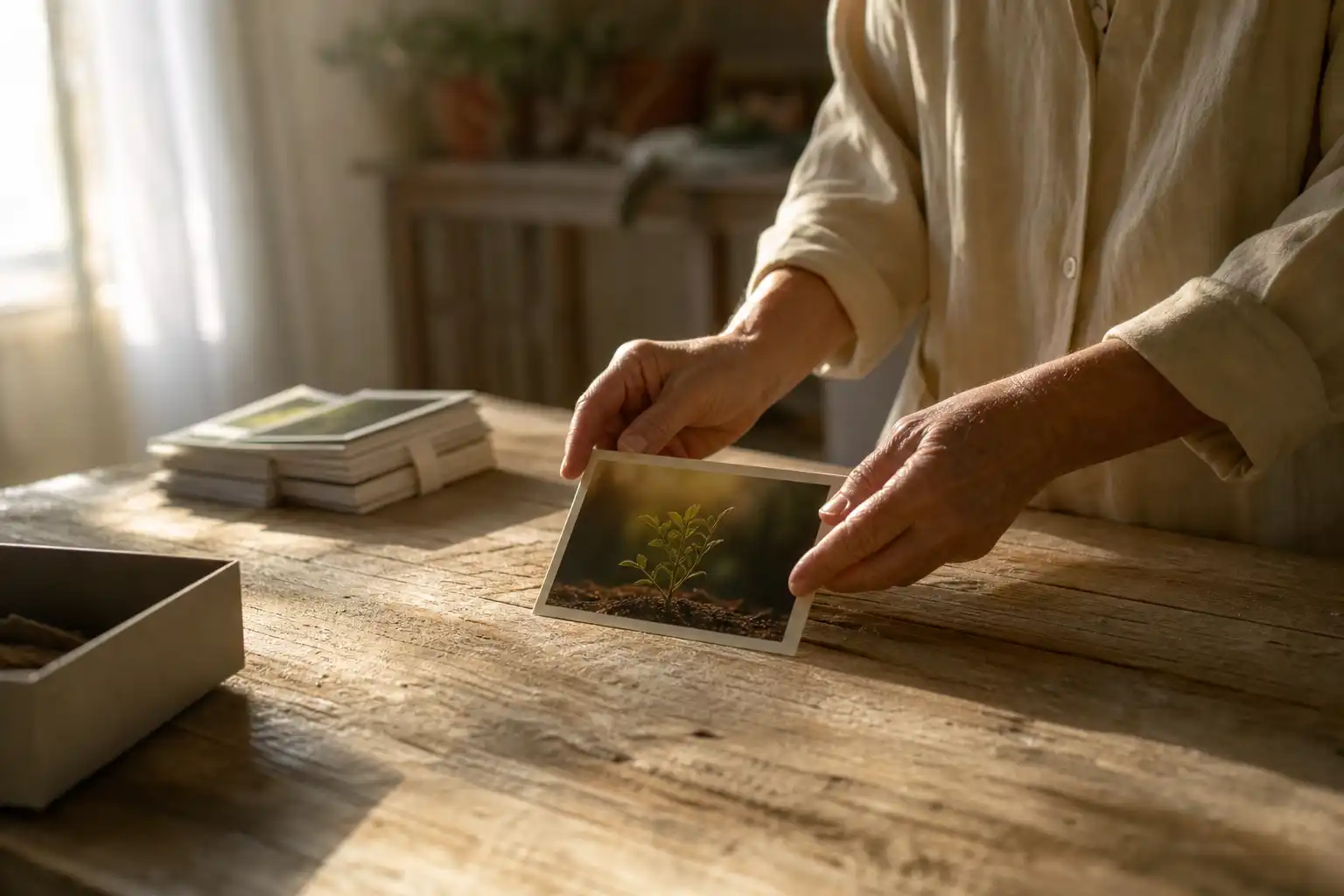 Quelqu'un dispose un objet, autour d'huit ans après, près d'une table en bois.