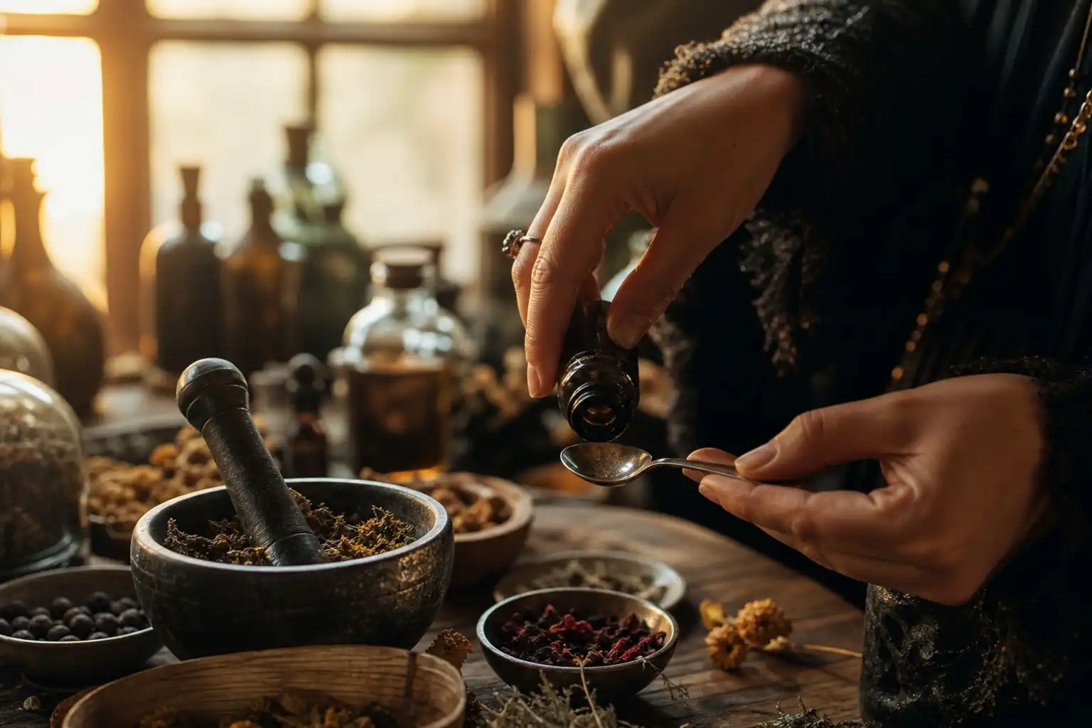 Des mains dosent quelque chose, autour d'hexenmeister maître sorcières, près d'une fenêtre.