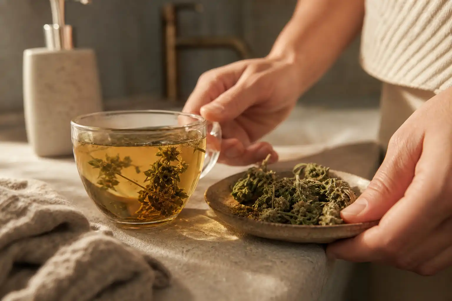 Des mains disposent un objet, autour d'une infusion de chanvre et ses fleurs séchées, dans une salle de bain.
