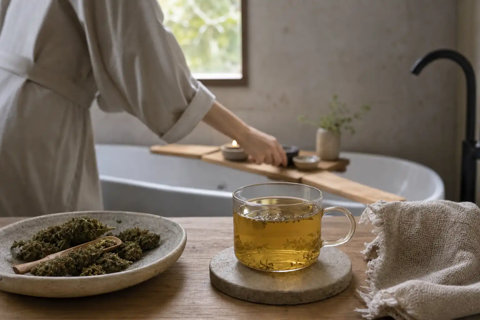 Quelqu'un dispose un objet, autour d'une infusion de chanvre et ses fleurs séchées, dans une salle de bain.