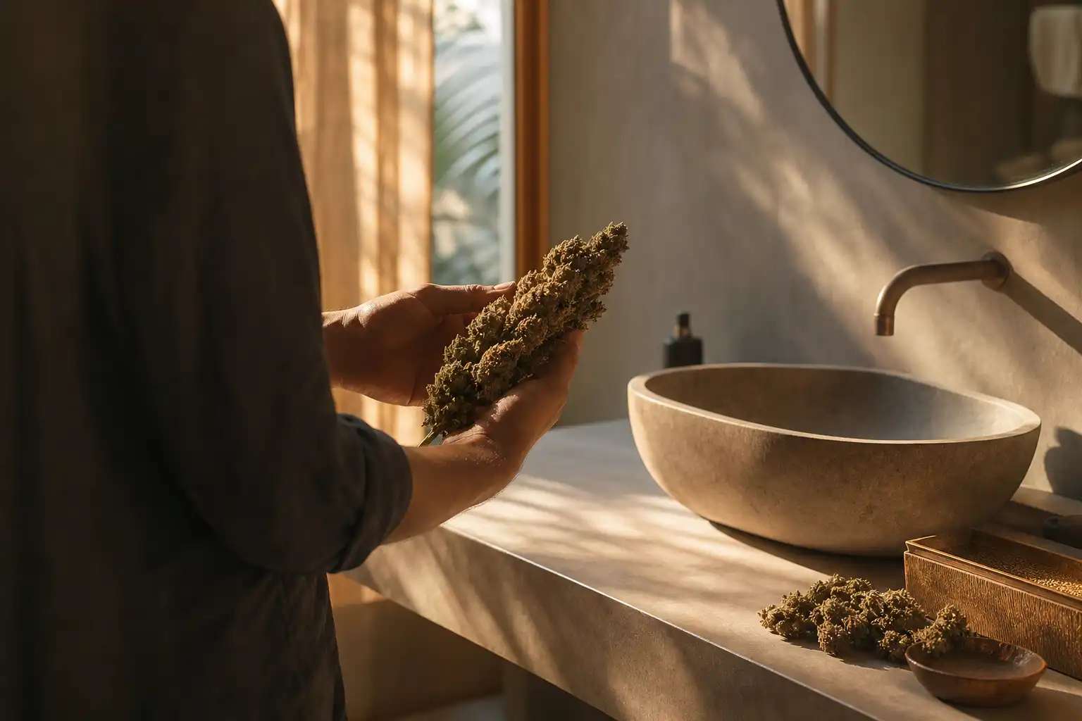 Quelqu'un examine un objet, autour de kenya refuse rastafaris, dans une salle de bain.