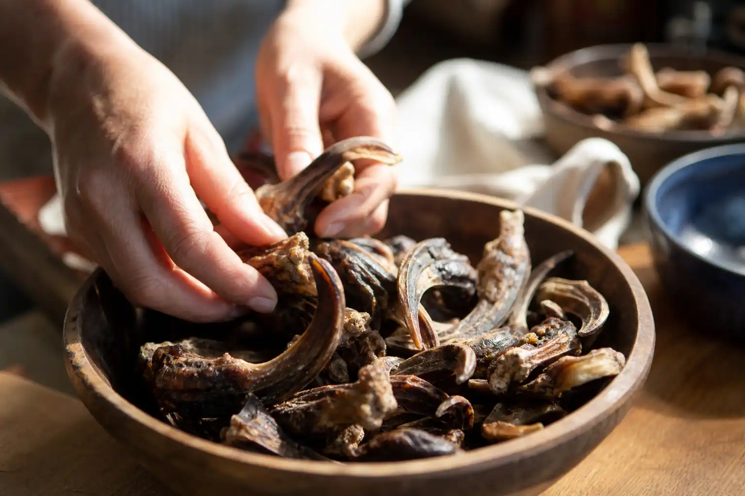 Des mains disposent un objet, autour d'eagle bill choses, dans une cuisine.
