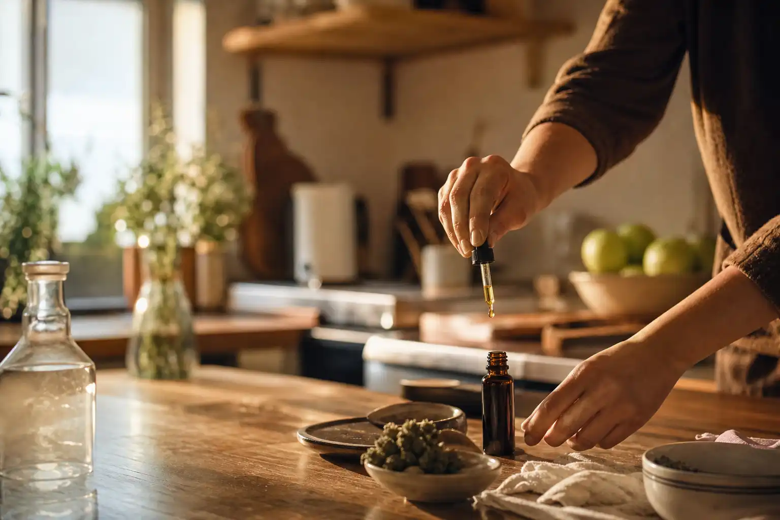 Quelqu'un dispose un objet, autour d'huile thc cbd, dans une cuisine.