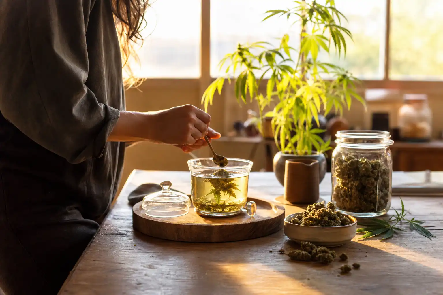Quelqu'un dose quelque chose, autour d'une infusion de chanvre et ses fleurs séchées, près d'une fenêtre.