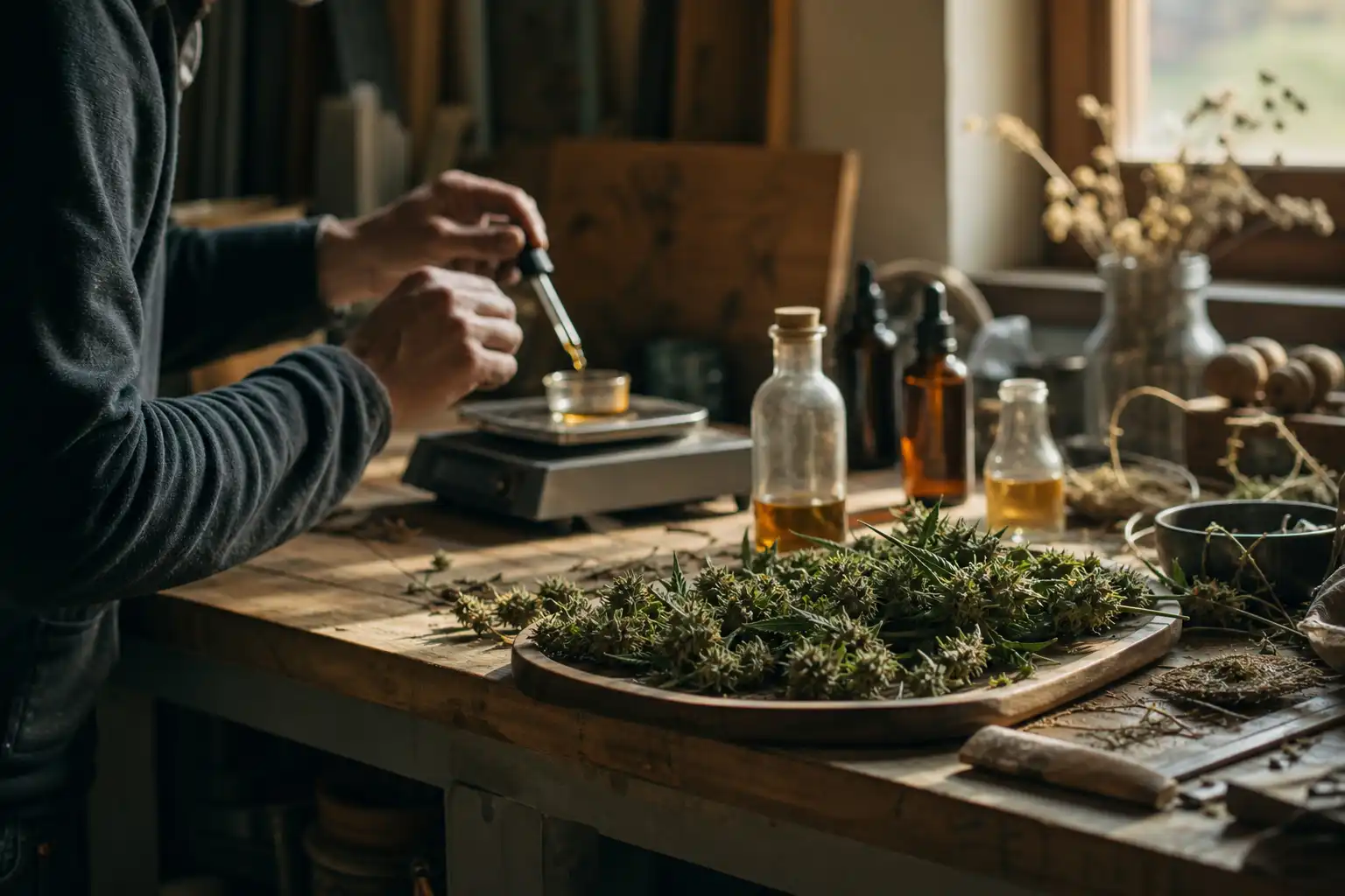 Quelqu'un dose quelque chose, autour de maladies rares cannabis, dans un atelier.