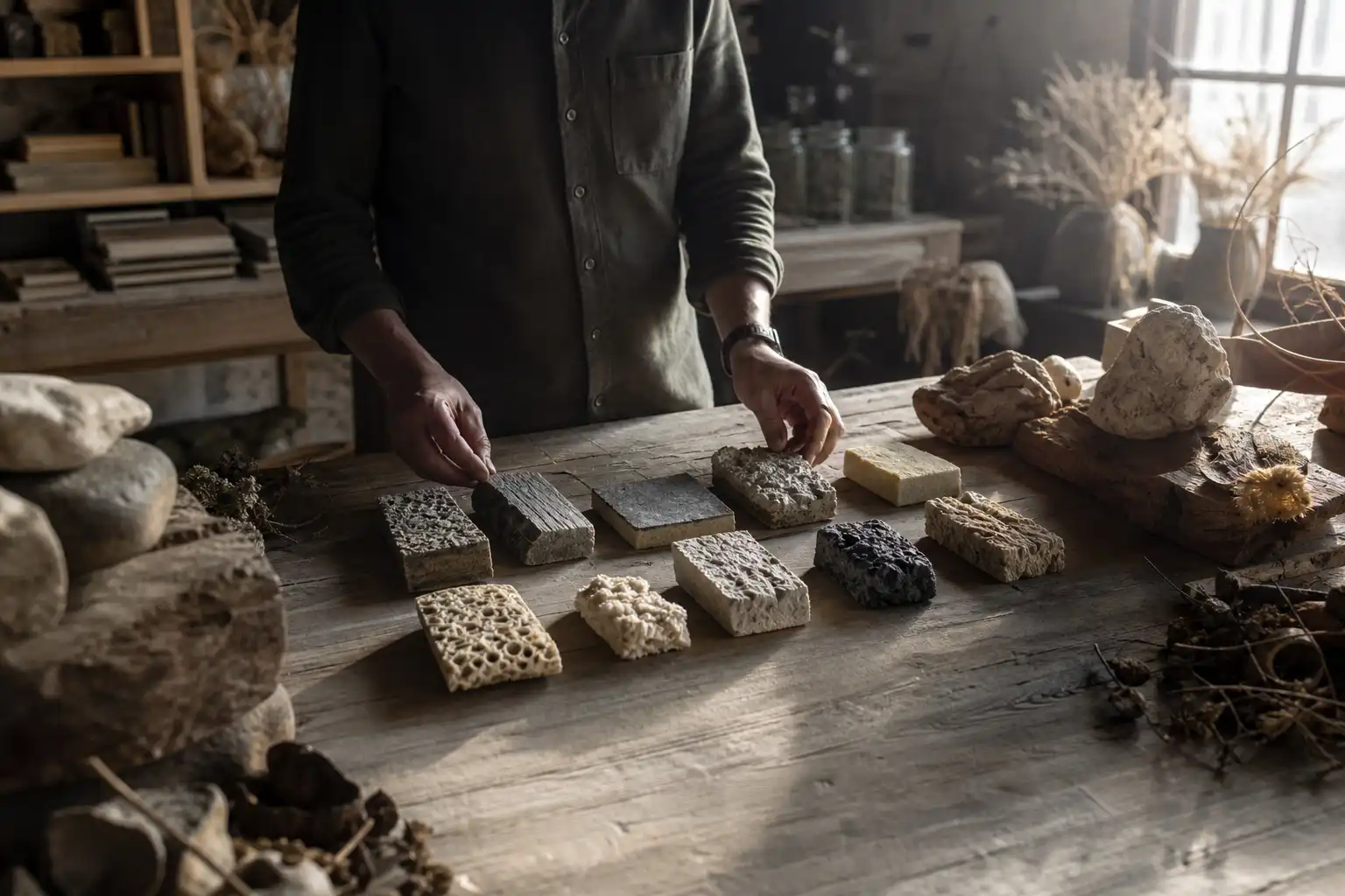 Quelqu'un examine un objet, autour de dix maladies rares, dans un atelier.