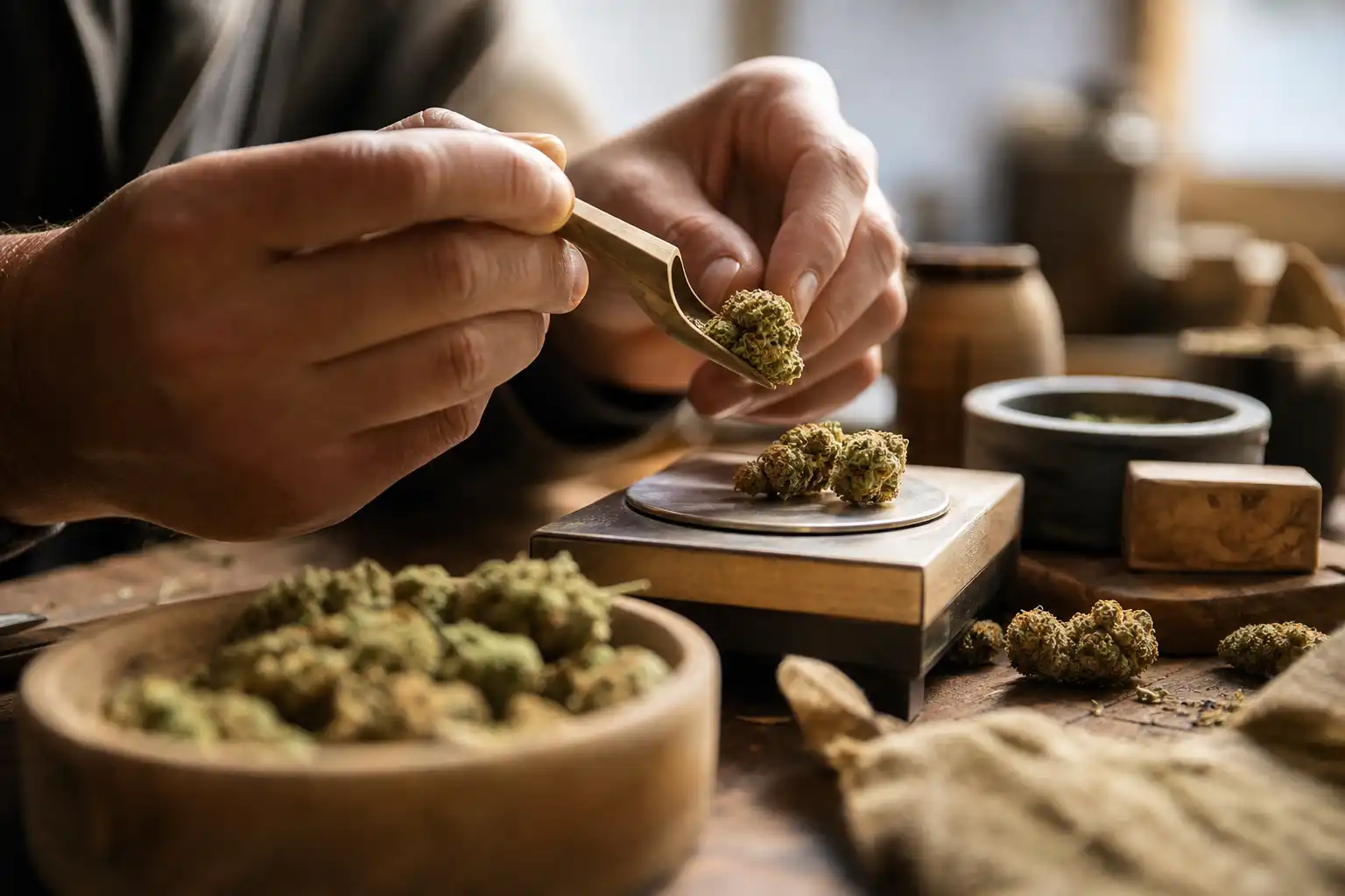 Des mains dosent quelque chose, autour de maladies rares cannabis, dans un atelier.