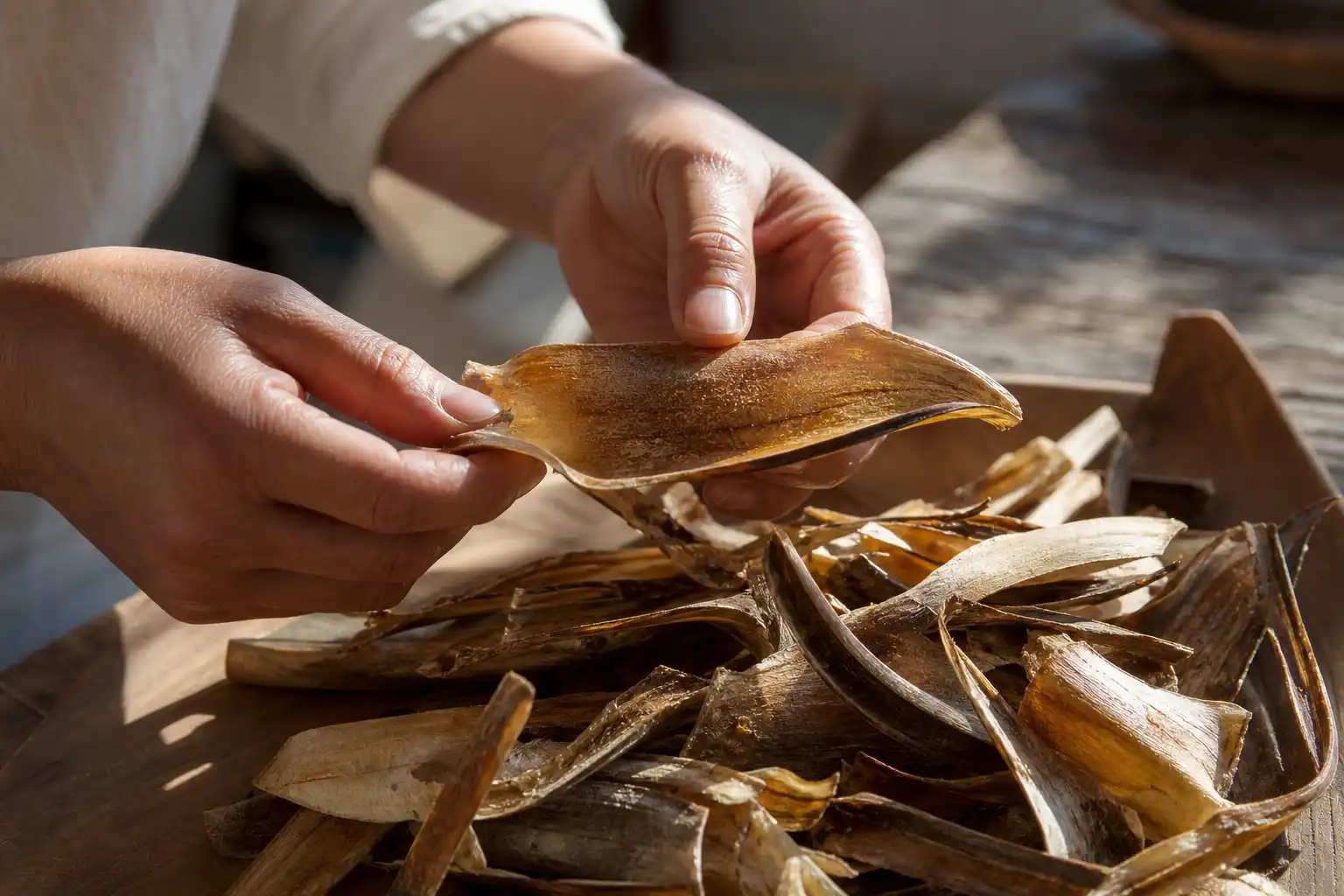 Des mains préparent quelque chose, autour d'eagle bill choses, près d'une table en bois.