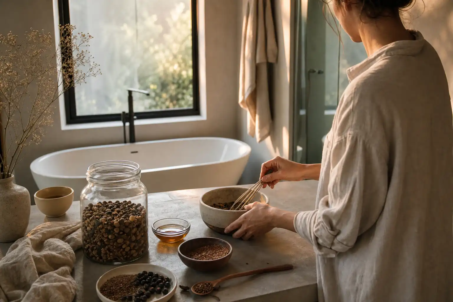 Quelqu'un prépare quelque chose, autour de raisons font graines, dans une salle de bain.