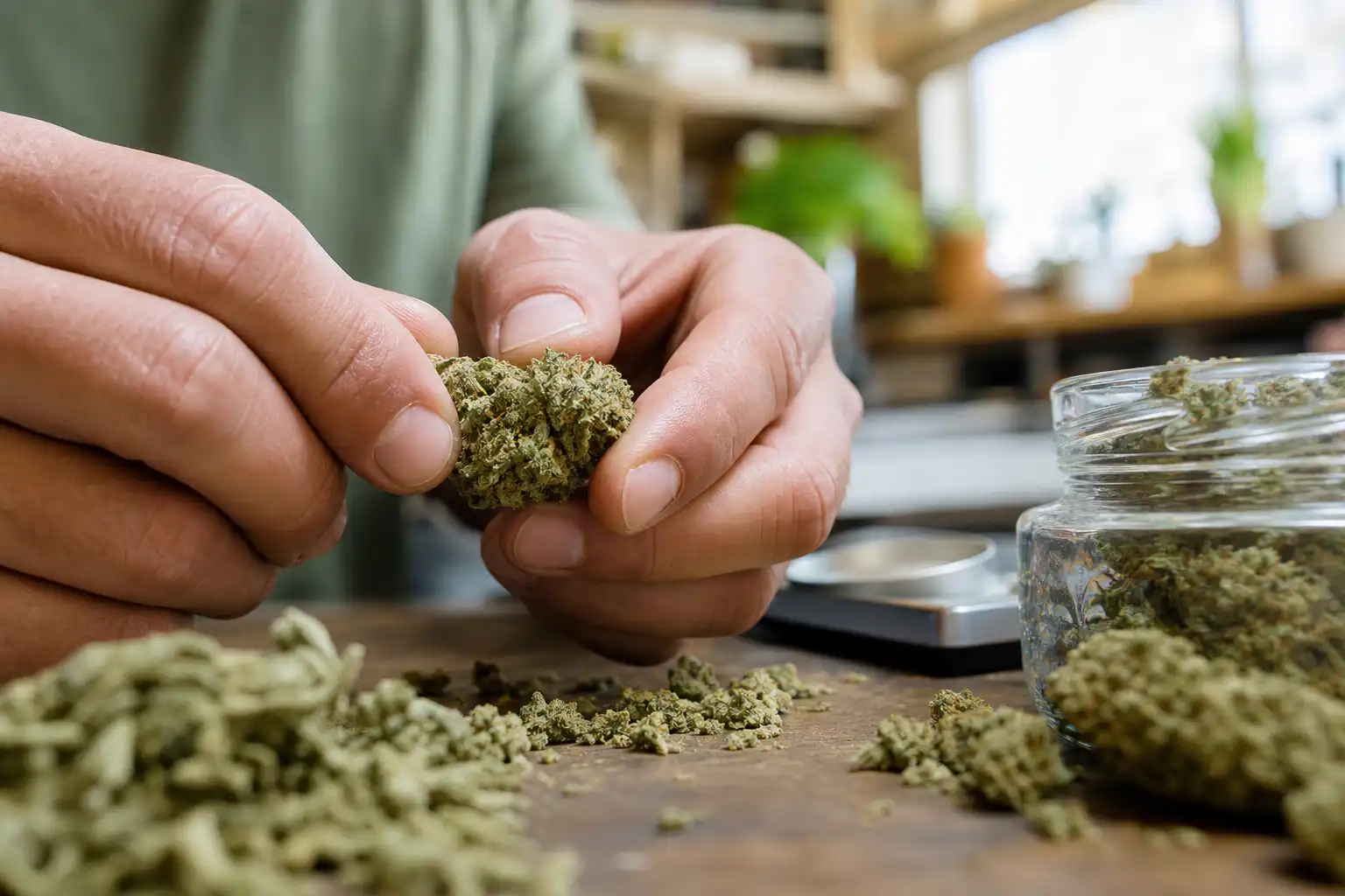 Des mains préparent quelque chose, autour de légalisation cannabis pennsylvanie, dans une cuisine.