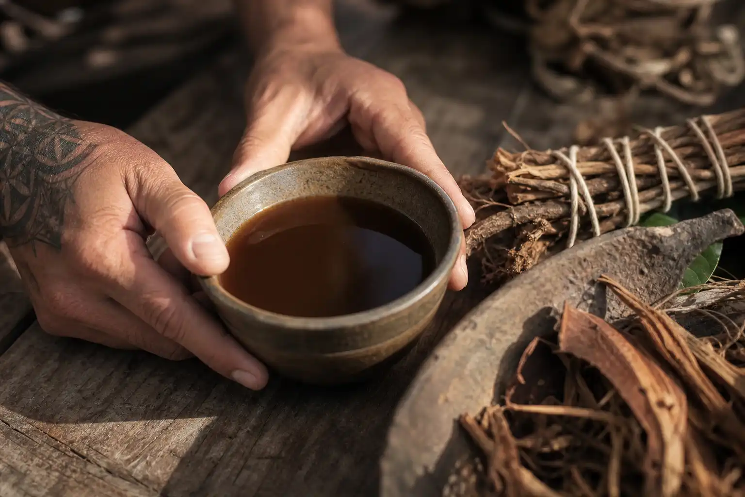Des mains disposent un objet, autour de première cérémonie ayahuasca, près d'une table en bois.