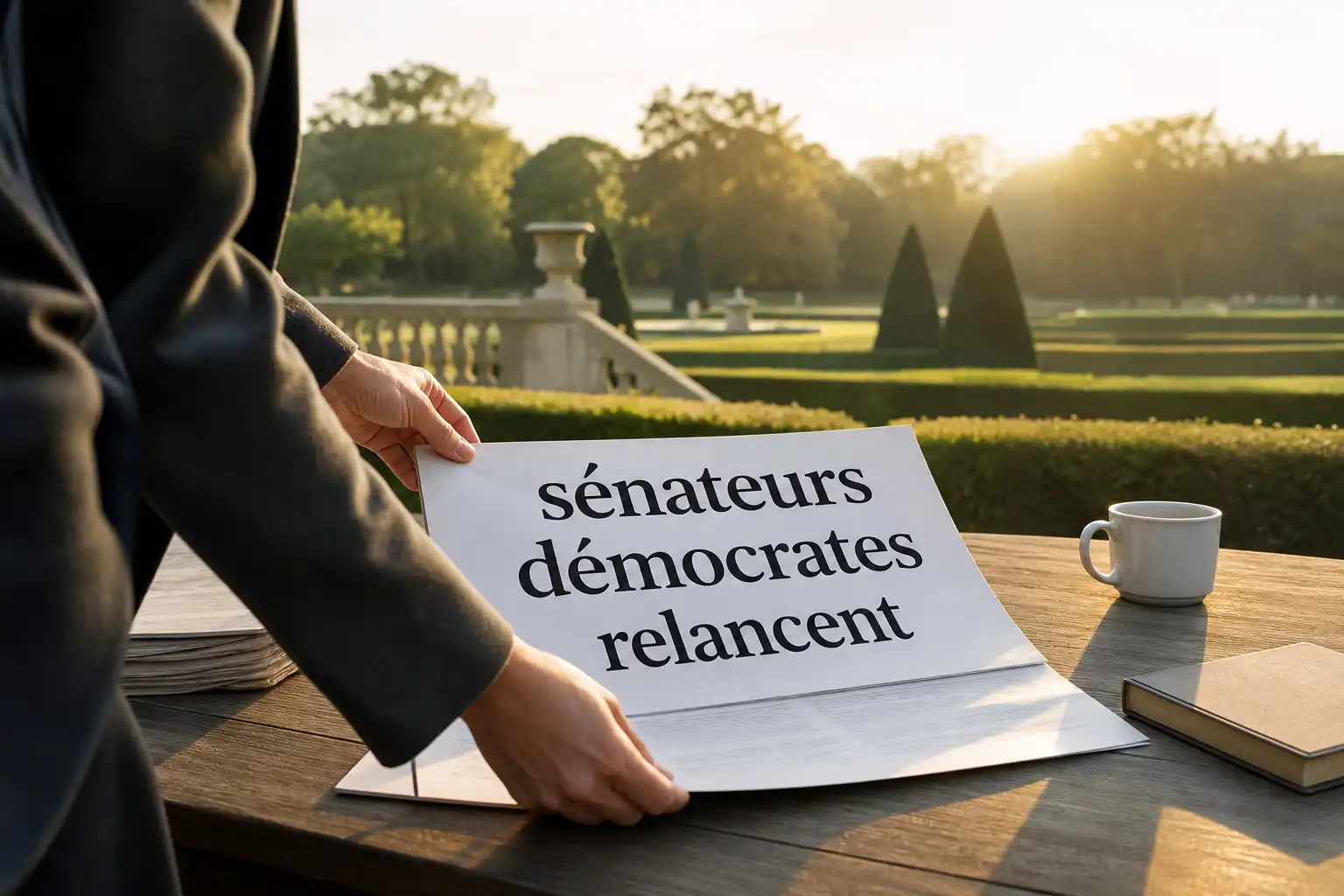 Quelqu'un dispose un objet, autour de sénateurs démocrates relancent, dans un jardin.