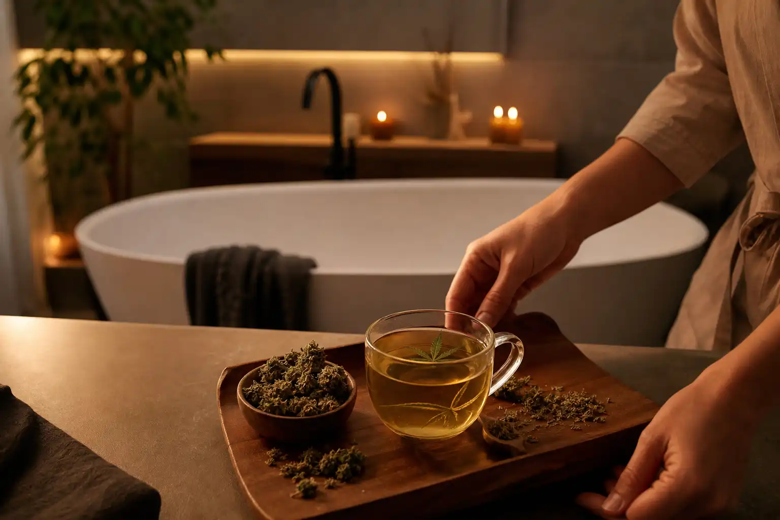 Quelqu'un dispose un objet, autour d'une infusion de chanvre et ses fleurs séchées, dans une salle de bain.