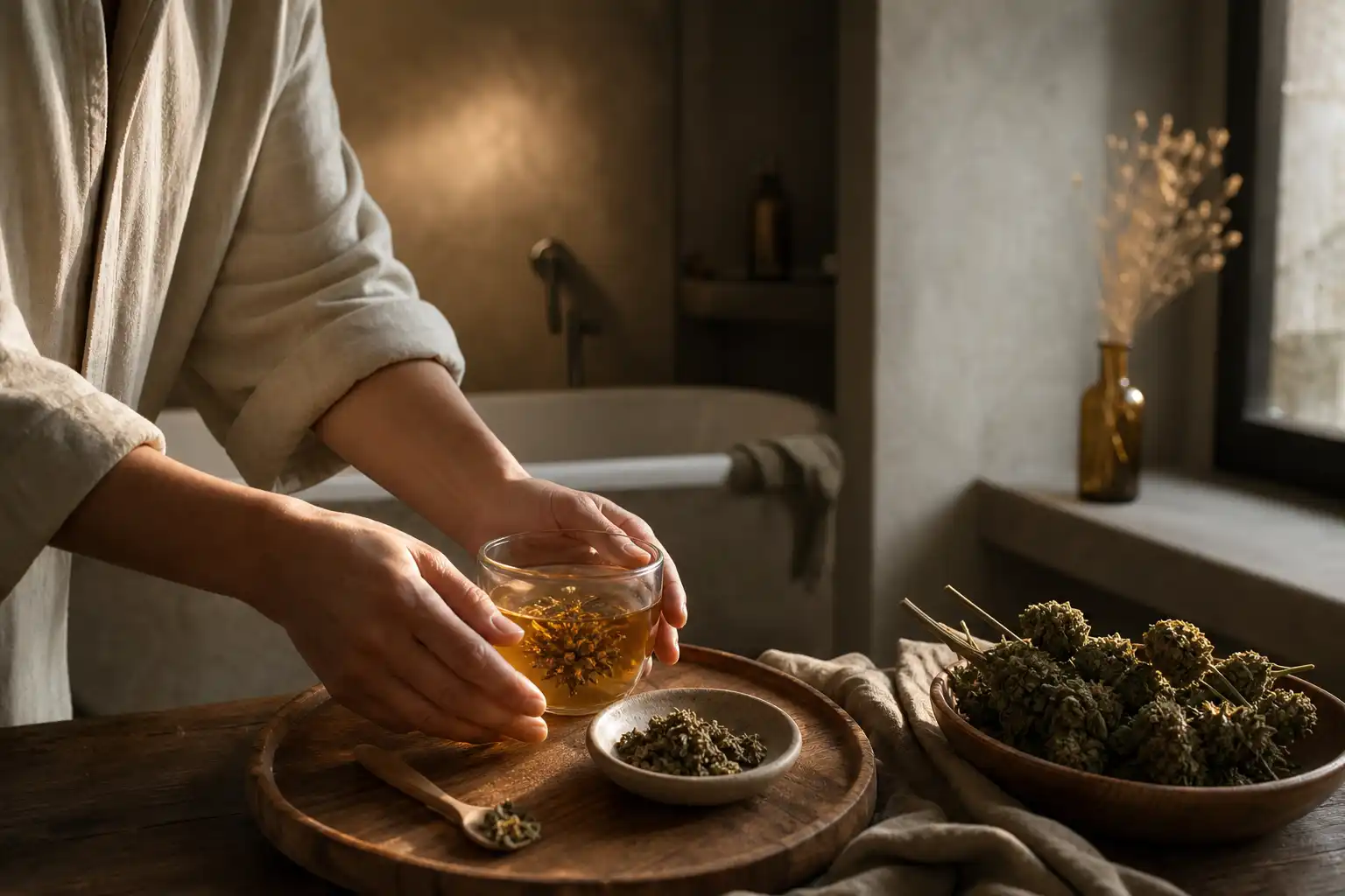 Quelqu'un dispose un objet, autour d'une infusion de chanvre et ses fleurs séchées, dans une salle de bain.