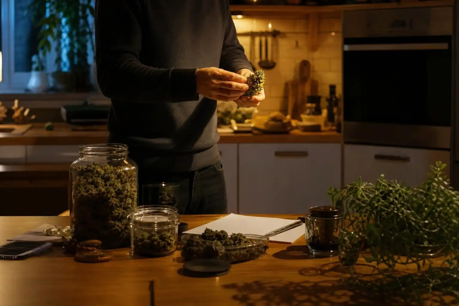 Quelqu'un examine un objet, autour d'année charnière légalisation, dans une cuisine.