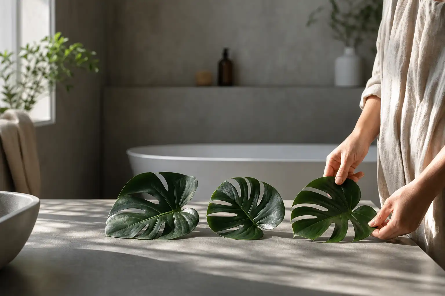 Quelqu'un dispose un objet, autour de trois feuilles coupe, dans une salle de bain.