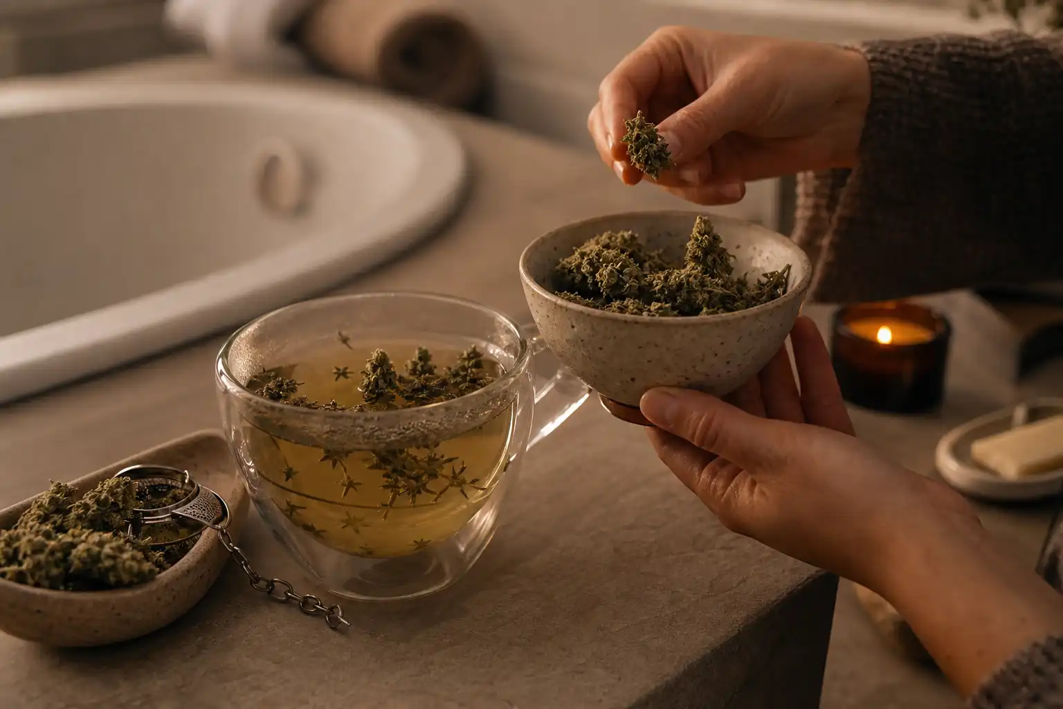 Des mains disposent un objet, autour d'une infusion de chanvre et ses fleurs séchées, dans une salle de bain.