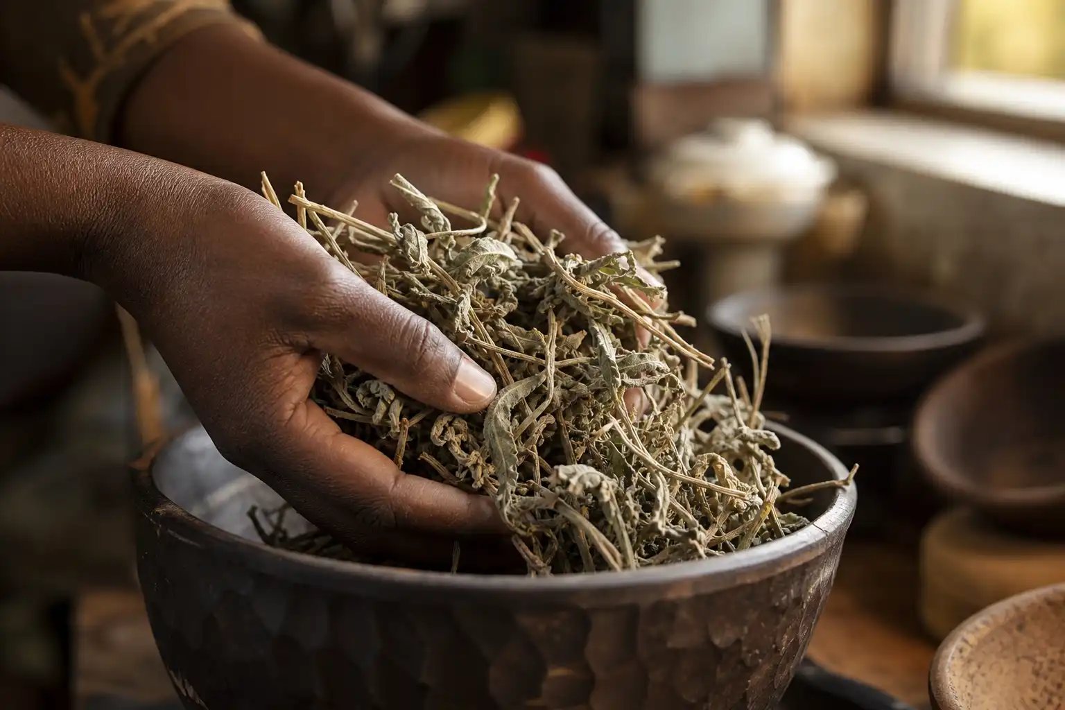 Des mains disposent un objet, autour de botswana ouvre voie, dans une cuisine.
