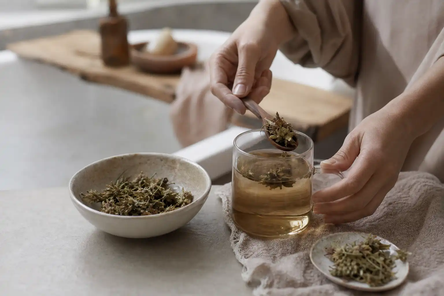 Des mains disposent un objet, autour d'une infusion de chanvre et ses fleurs séchées, dans une salle de bain.