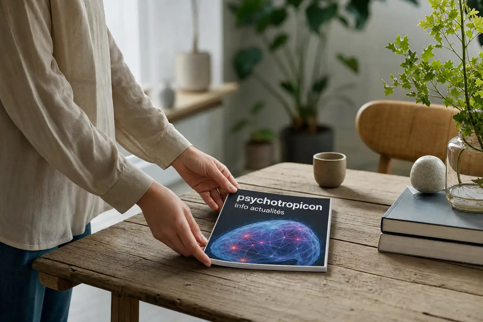 Quelqu'un dispose un objet, autour de psychotropicon info actualités, près d'une table en bois.