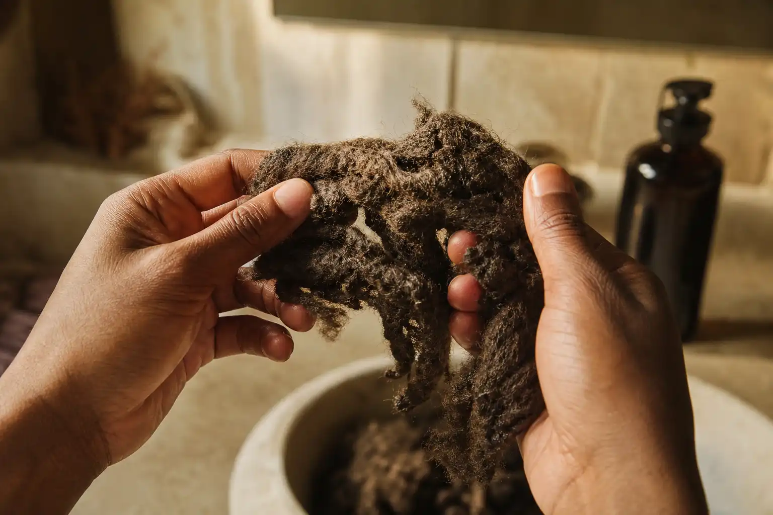 Des mains examinent un objet, autour de kenya refuse rastafaris, dans une salle de bain.