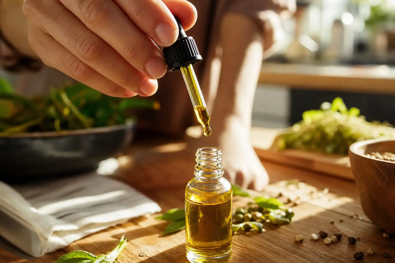 Des mains disposent un objet, autour d'huile thc cbd, dans une cuisine.