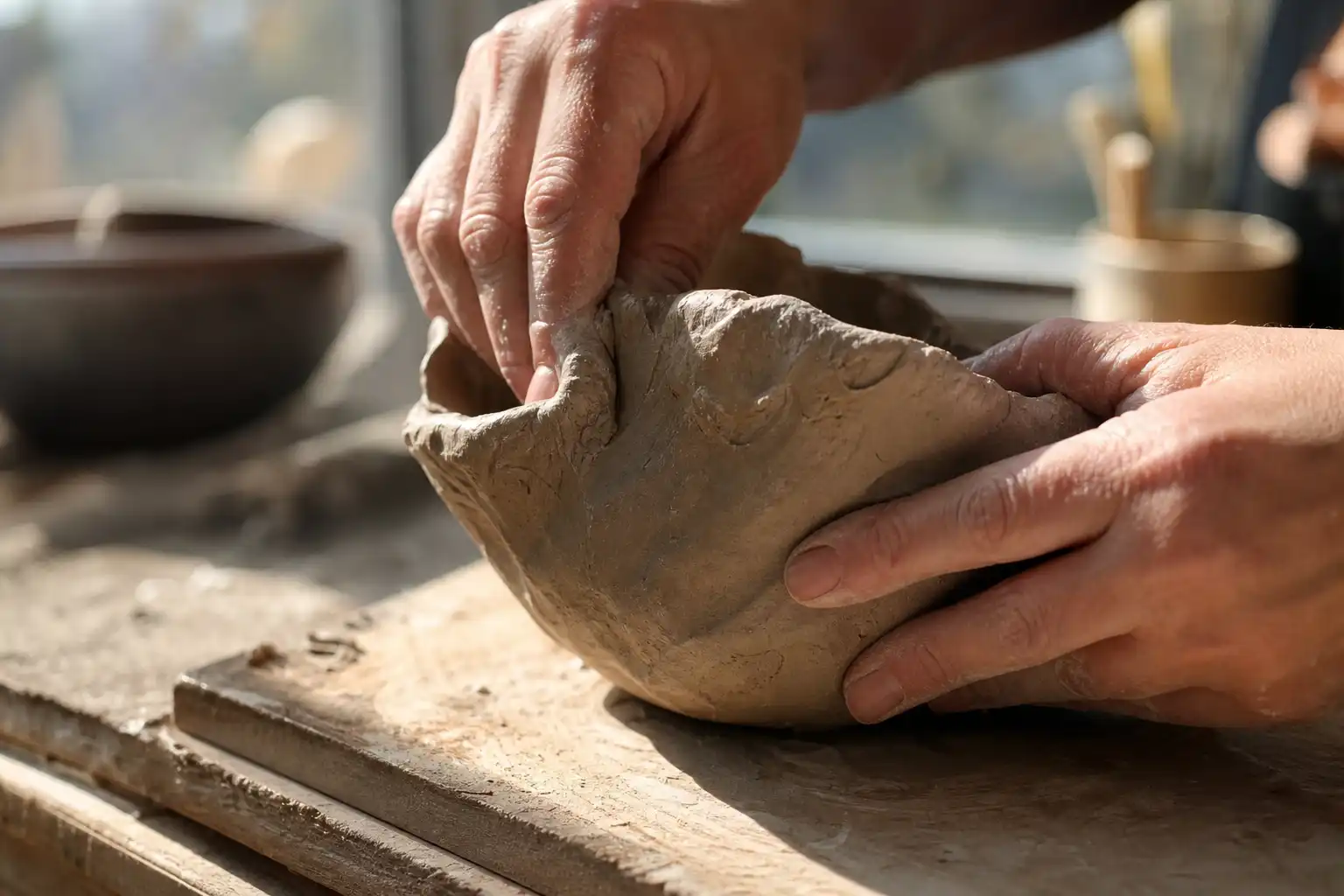 Des mains manipulent un objet, autour de points considérer culture, près d'une fenêtre.